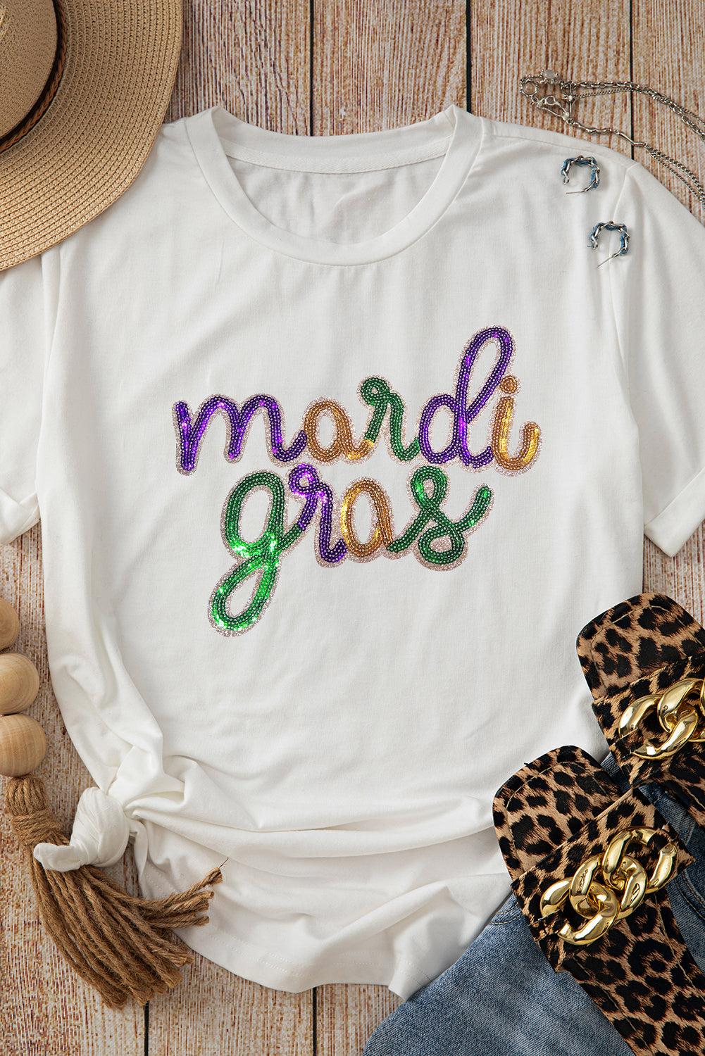 White Mardi Gras Sequin Casual Tee