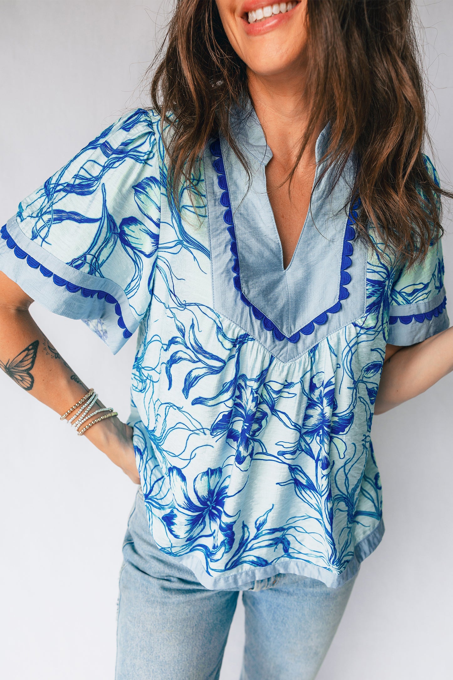 Blue Floral Ric Rac Trim Shirt