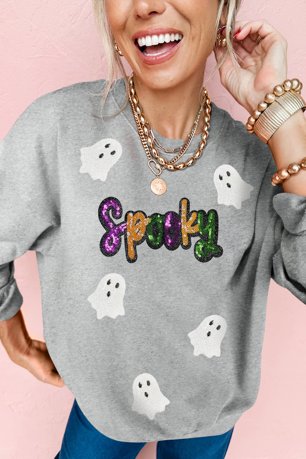 Gray Spooky Halloween Ghost Sequin Sweatshirt