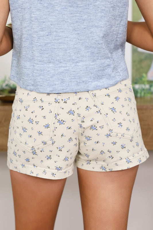 White Floral Denim Shorts