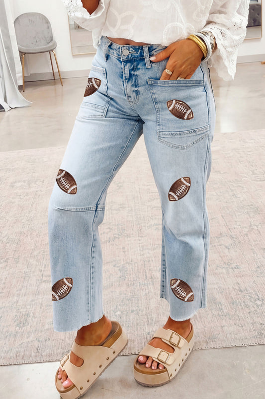 Women's ankle-length jeans with sequin football patches and relaxed shift silhouette
