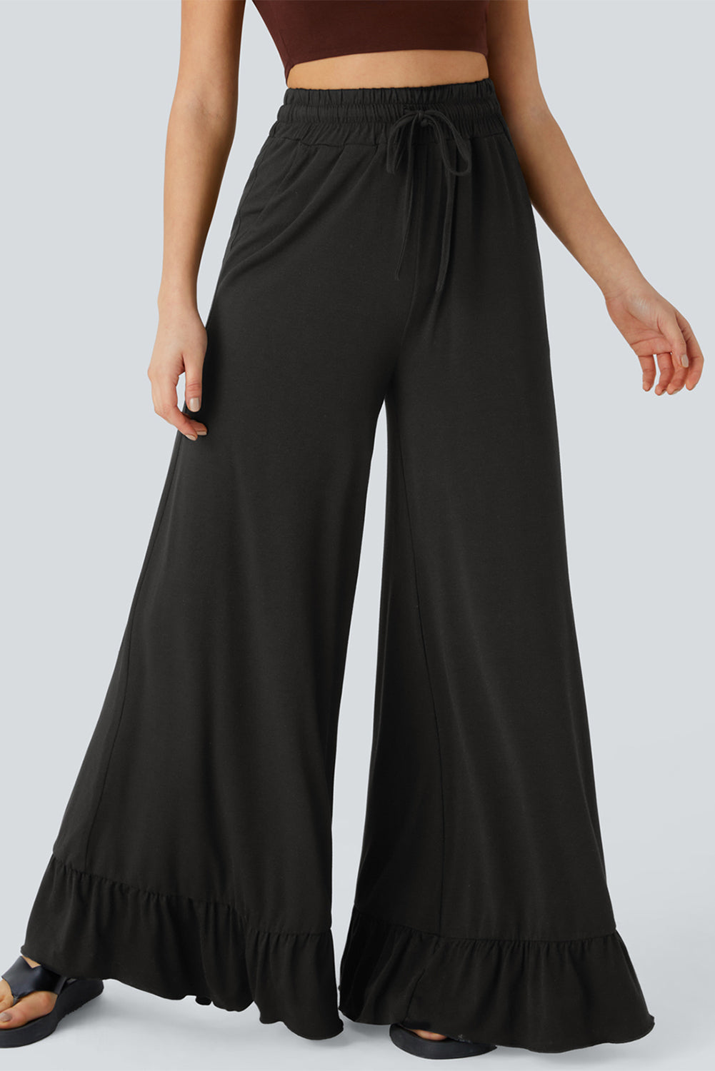 Black Ruffle Hem Wide Leg Pants