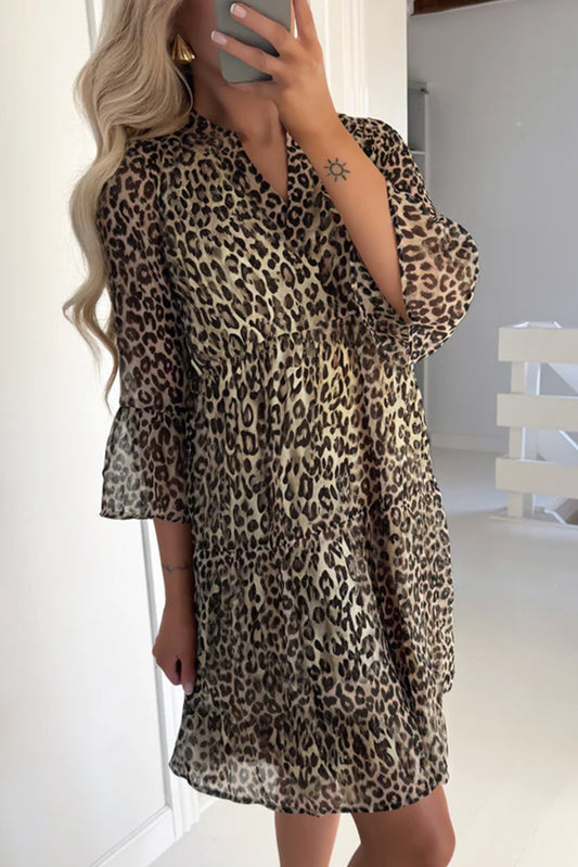 Leopard 3/4 Sleeve V Neck Swing Dress