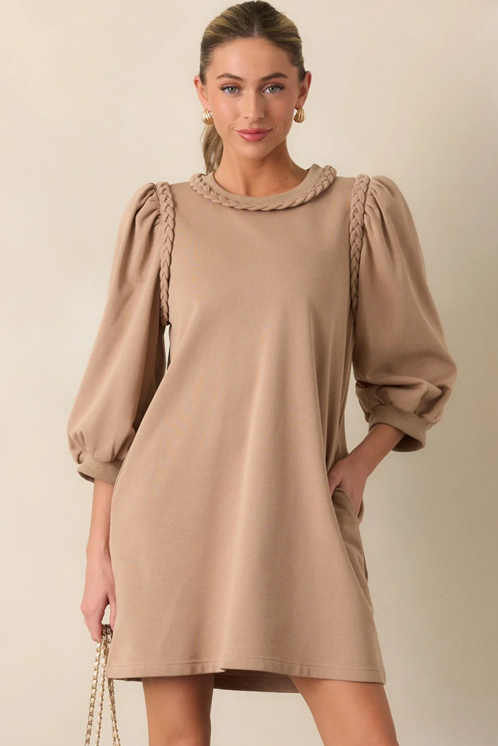 Braided Embellished Puff Sleeve Dress
