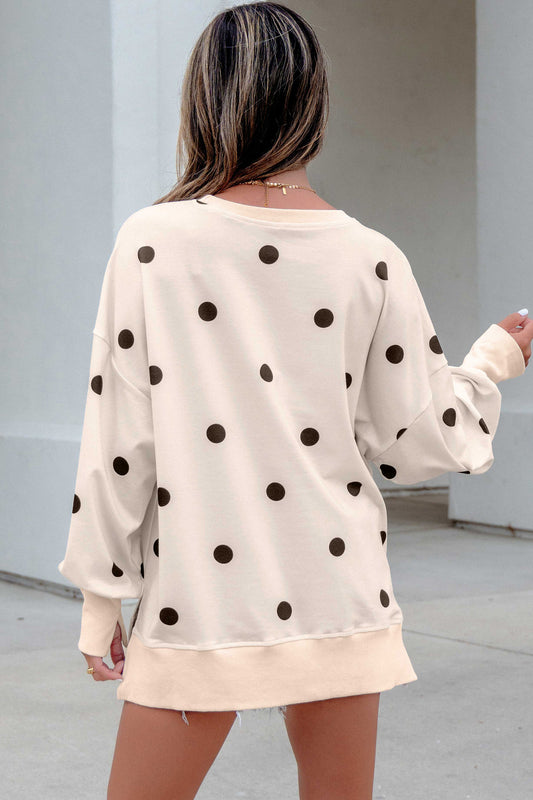 Beige Polka Dot Loose Long Sleeve Split Hem Pullover Top