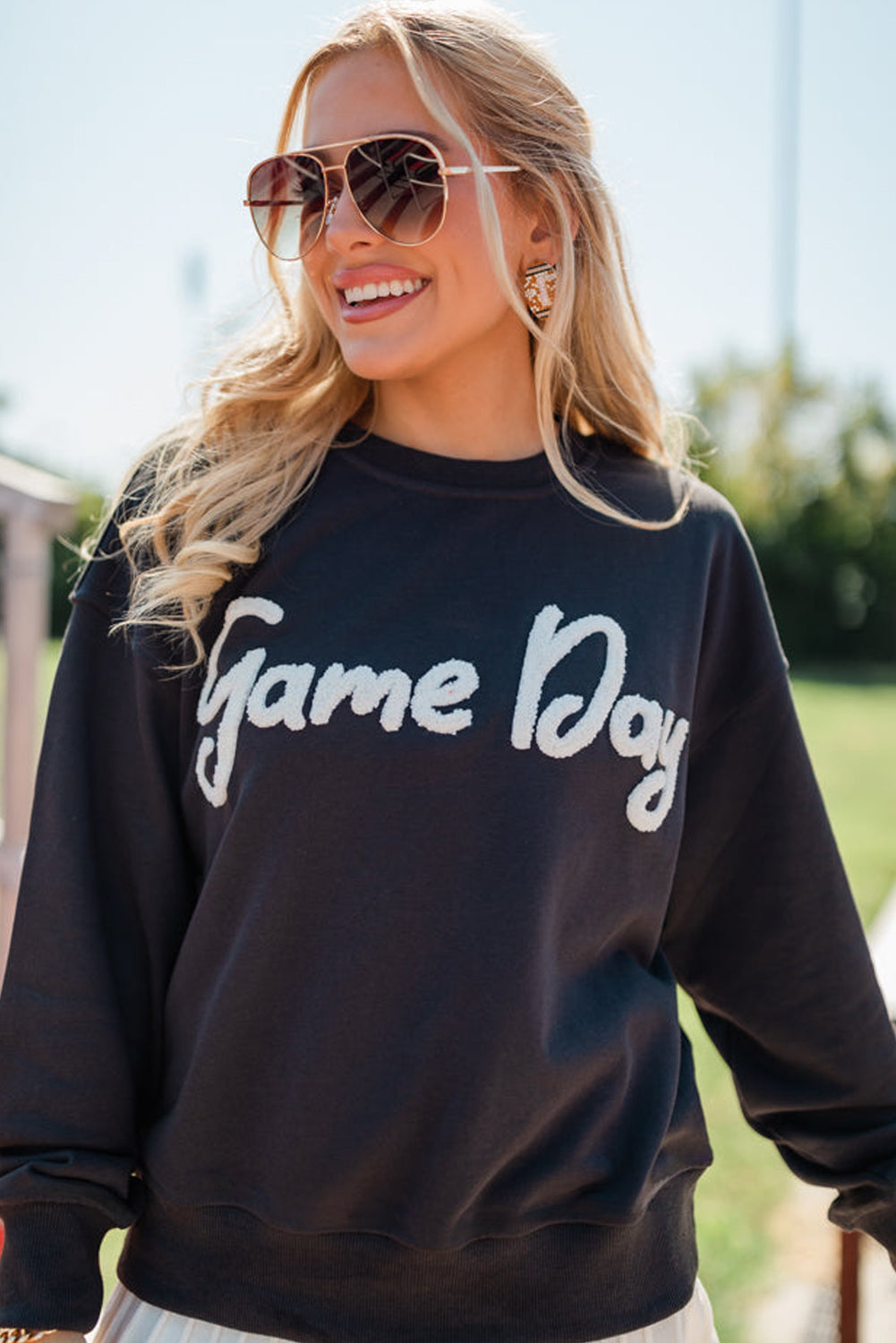 Black Chenille Lettered Game Day Sweatshirt