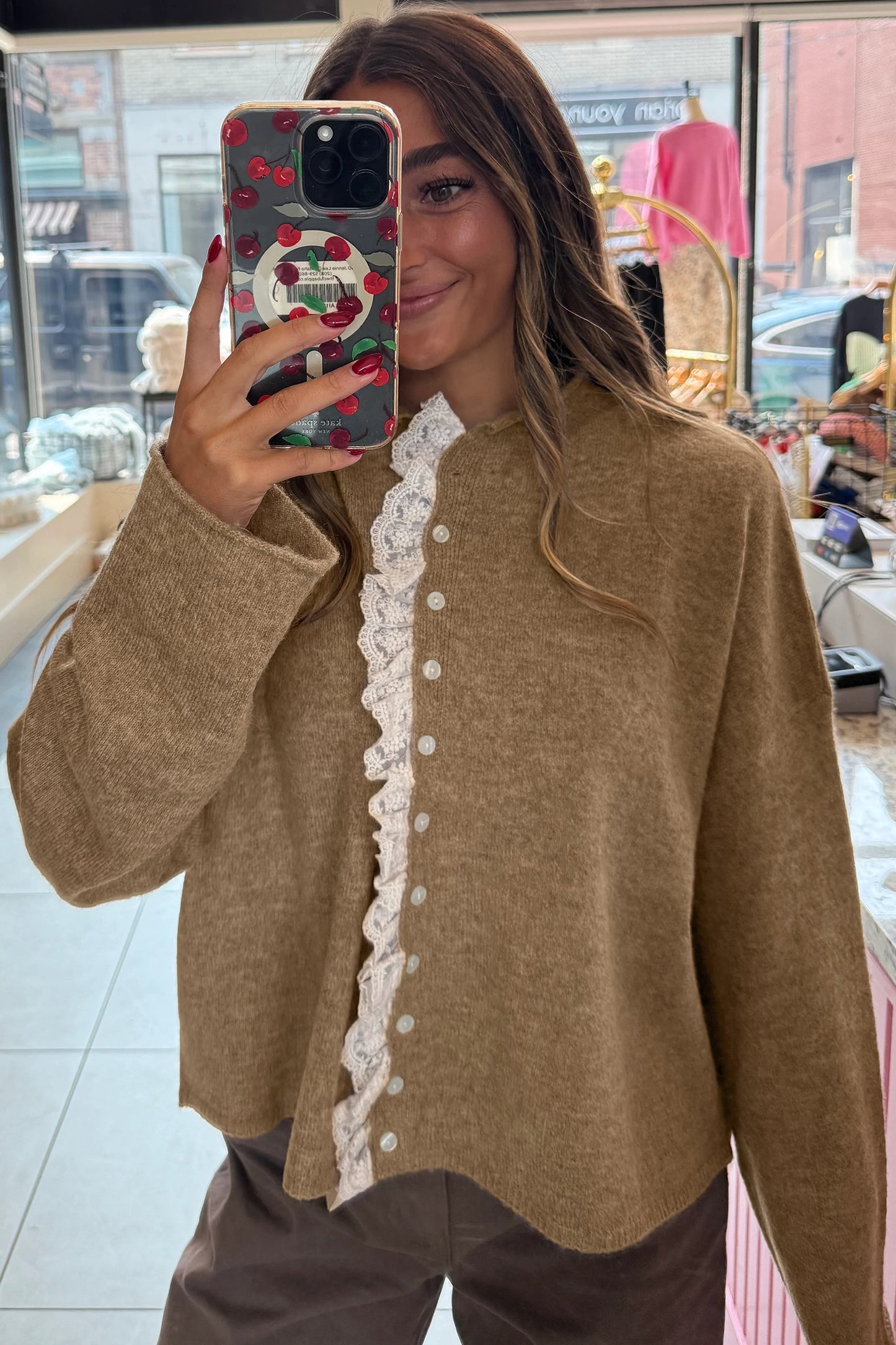 Taupe Lace Trim Cardigan