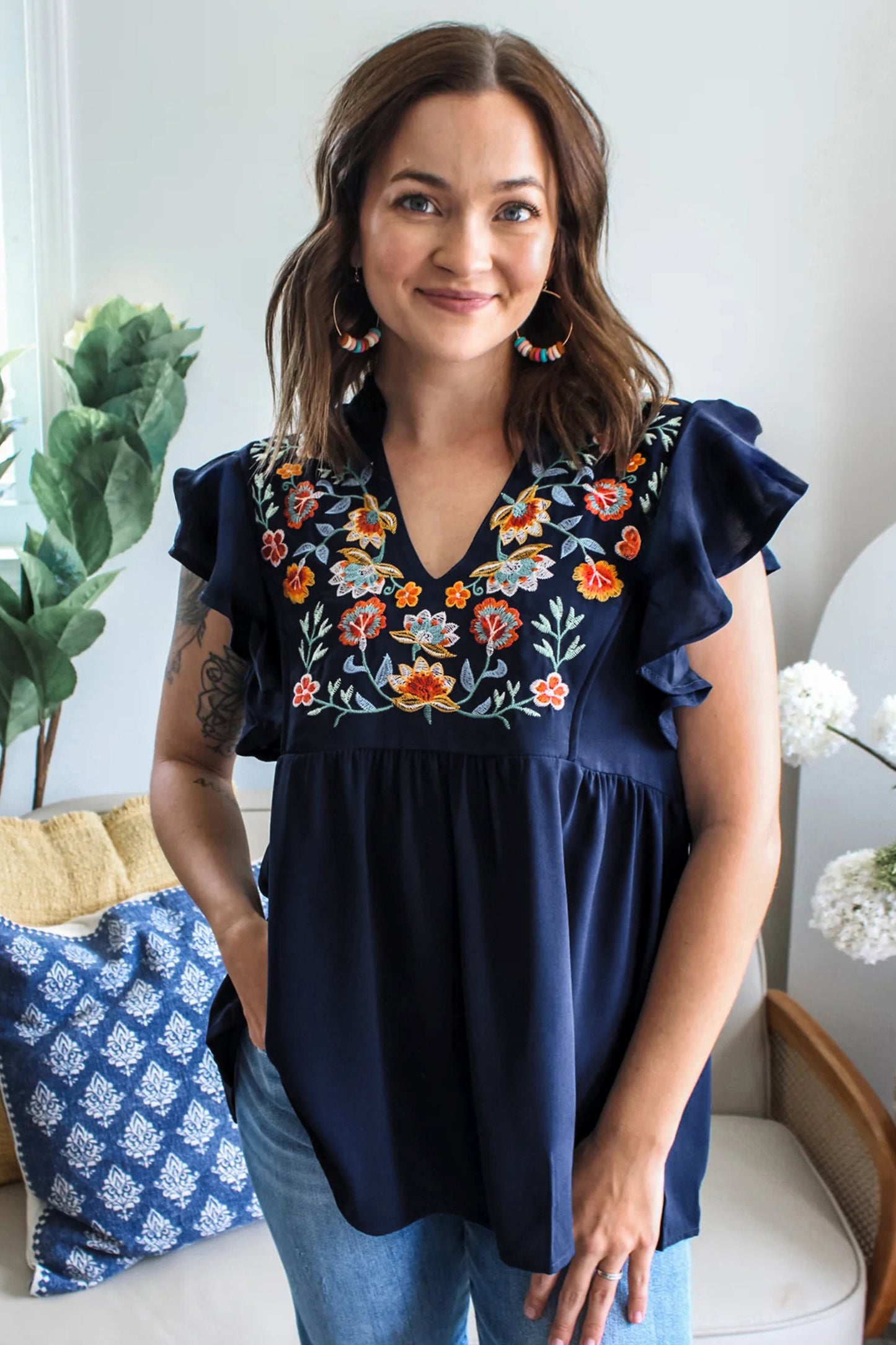 Floral Embroidered Babydoll Blouse