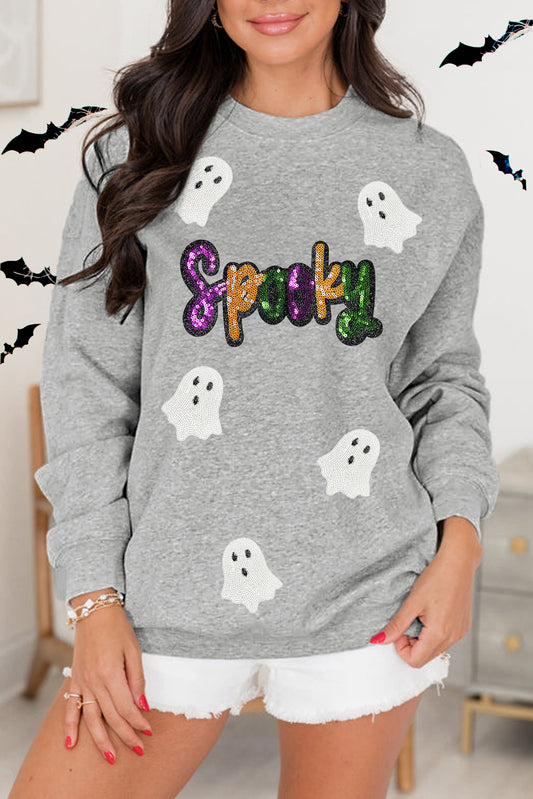 Gray Spooky Halloween Ghost Sequin Sweatshirt