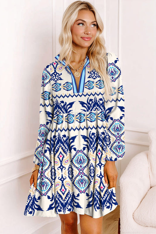 Blue Print Pop of Color Long Sleeve Dress