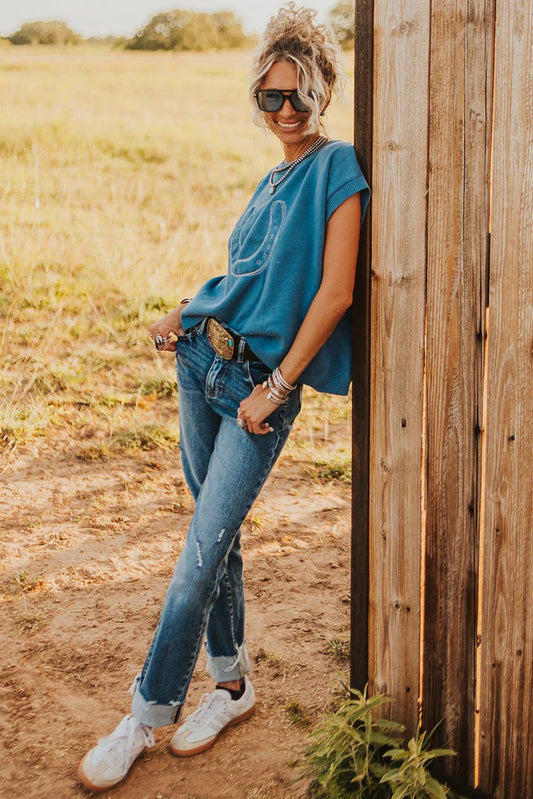 Horseshoe Embroidered Short Sleeve Sweater