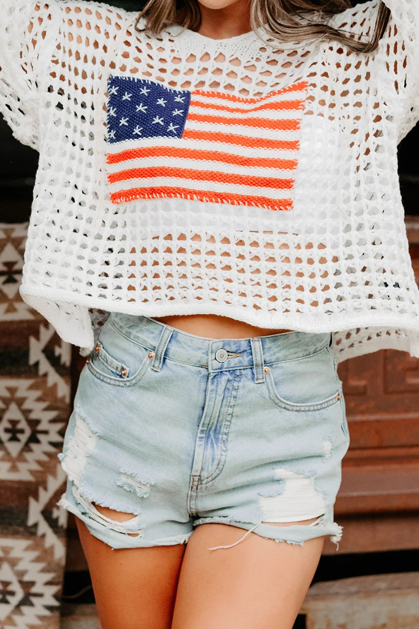 Crochet Knit American Flag Hoodie