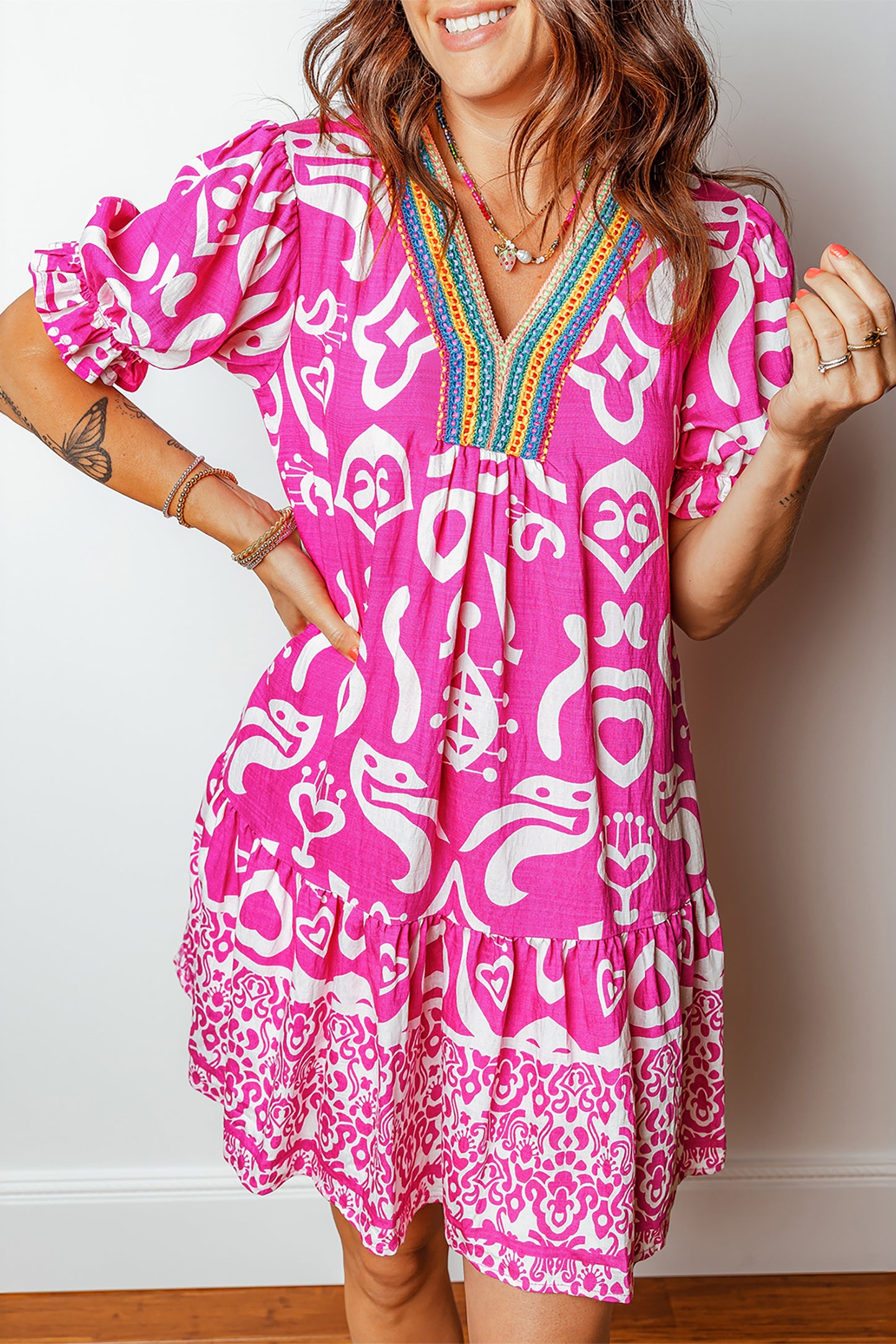 Pink Boho Short Sleeve Flared Dress