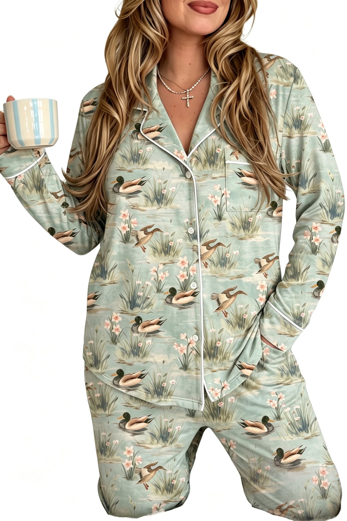 Green Floral Duck Print Pajama Set