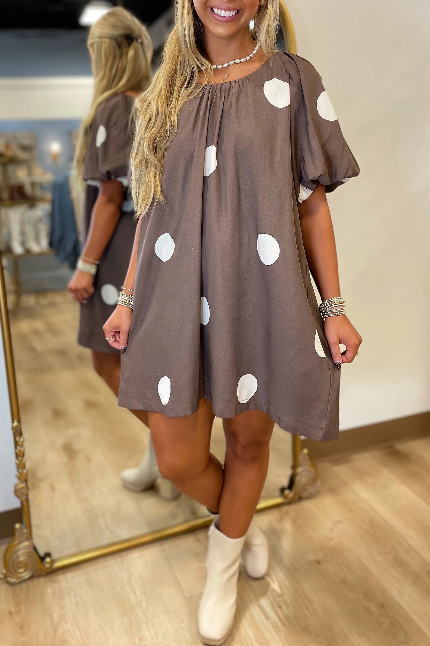 brown dress with blue polka dots Brown Polka Dot Dress – OUT OF THE BLUE