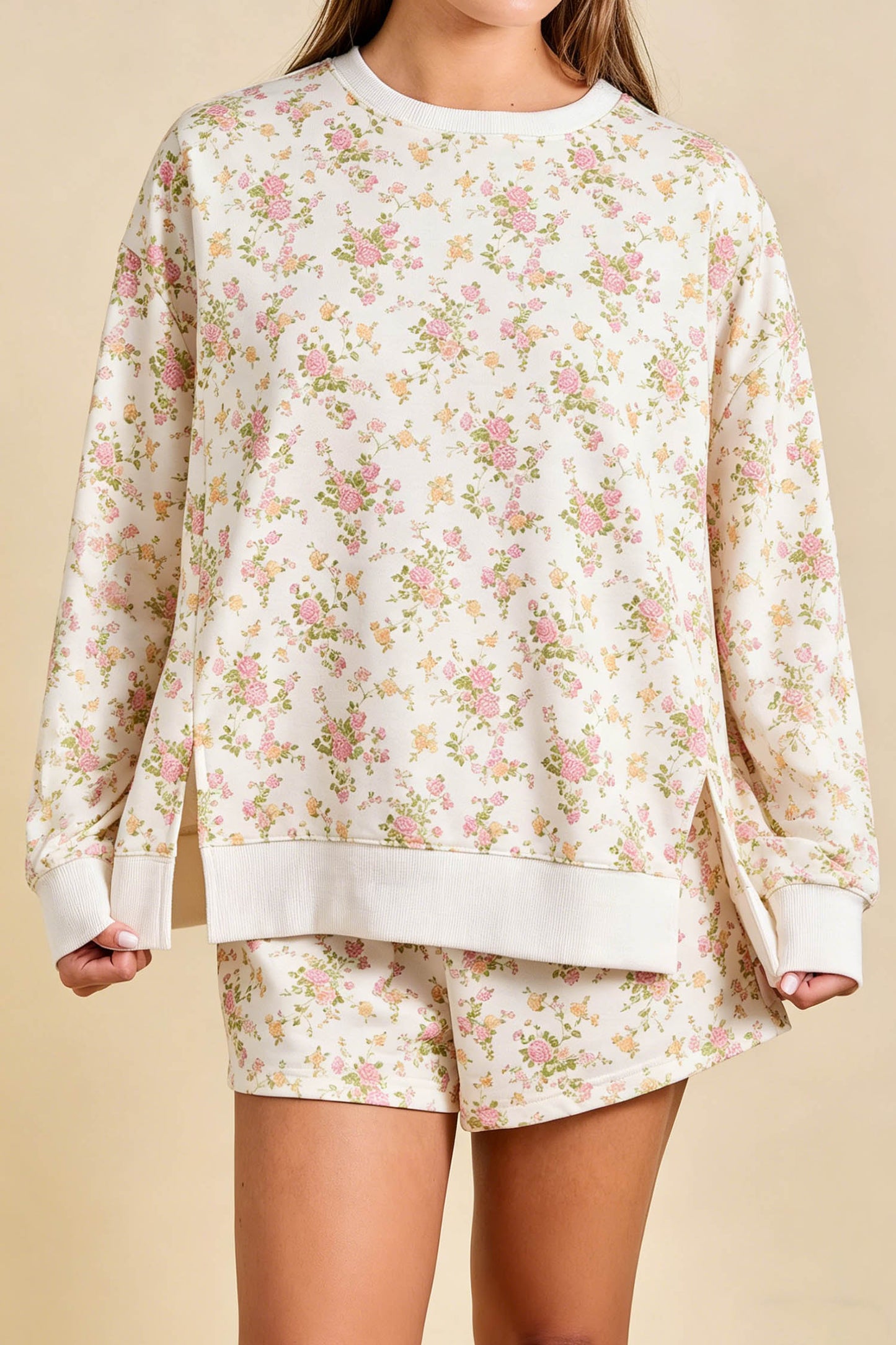 Beige Floral Print Shorts Set