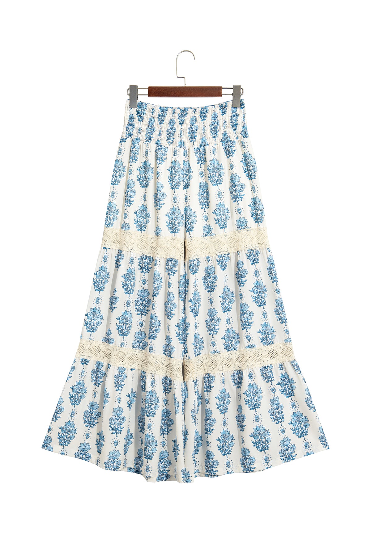 Blue Floral Leg Pants with Lace Detail
