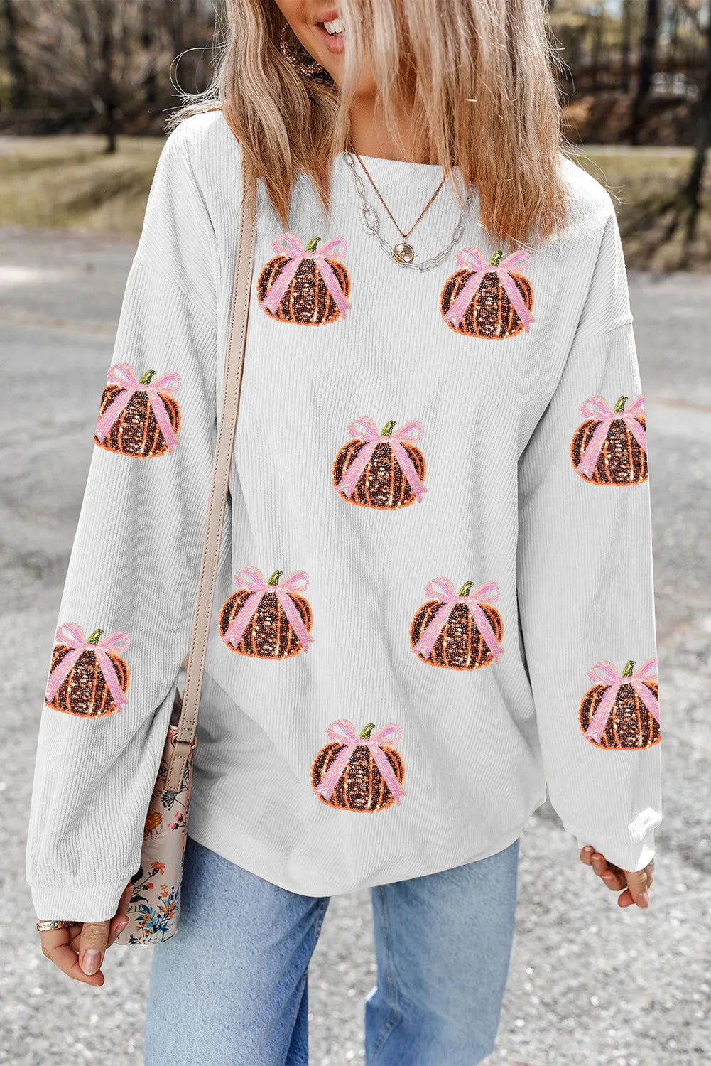 Ribbed Sequin Pumpkin with Bow Sweatshirt