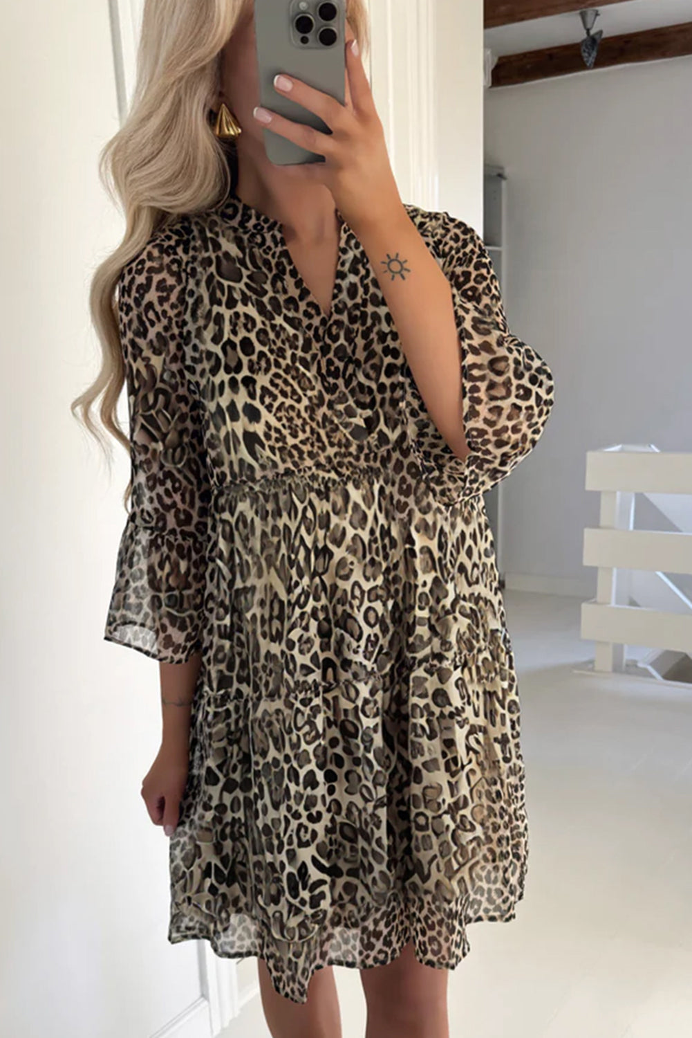 Leopard 3/4 Sleeve V Neck Swing Dress