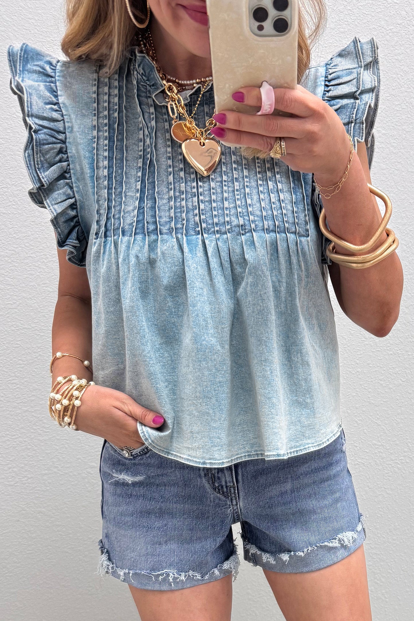 Pleated Denim Top