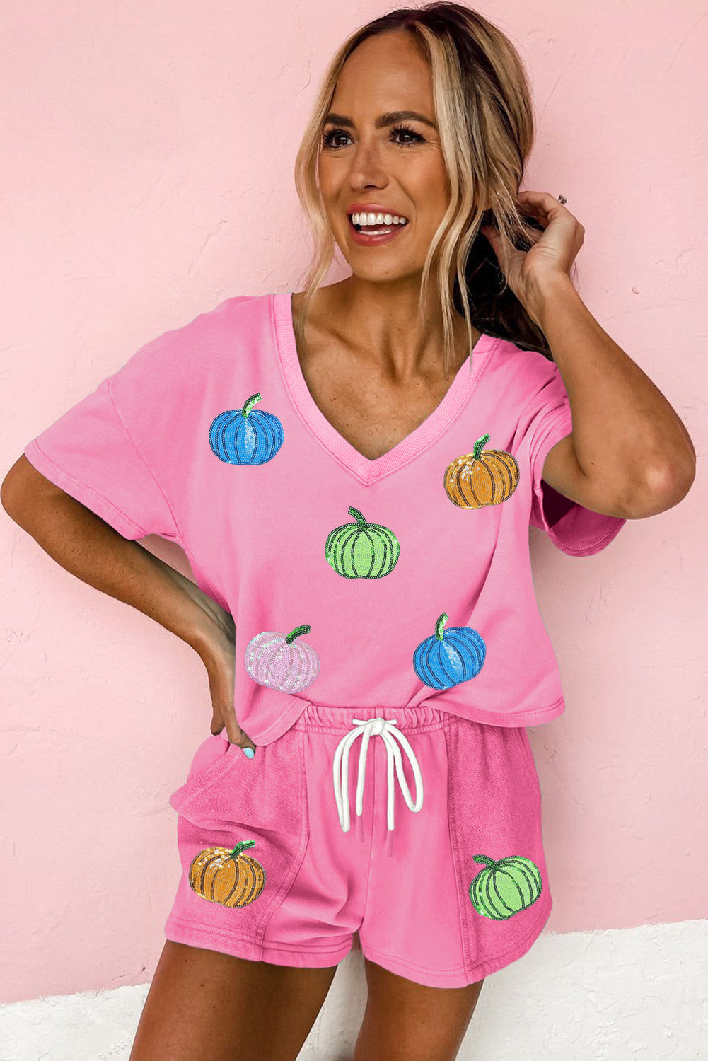 Sequin Halloween Pumpkin Drawstring Shorts Set