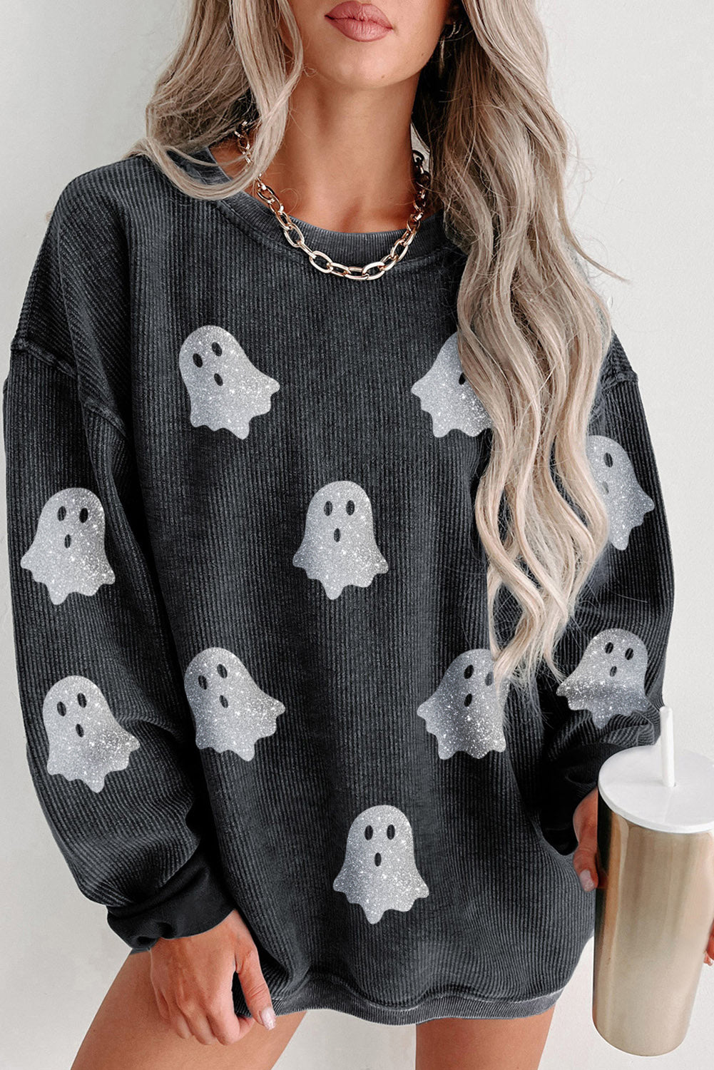 Pink Ghost Corded Halloween Sweatshirt