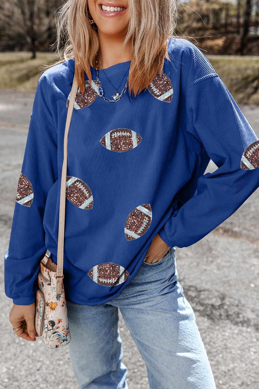 Dark Blue Sequin Football Sweatshirt