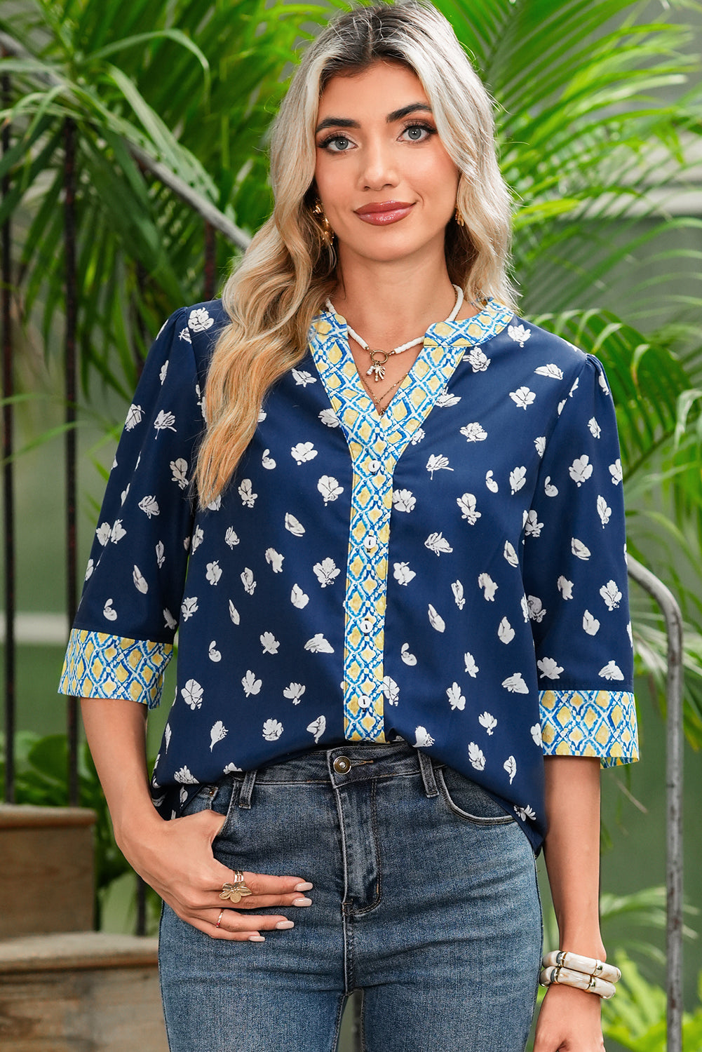 Floral Print Pop of Color Blouse