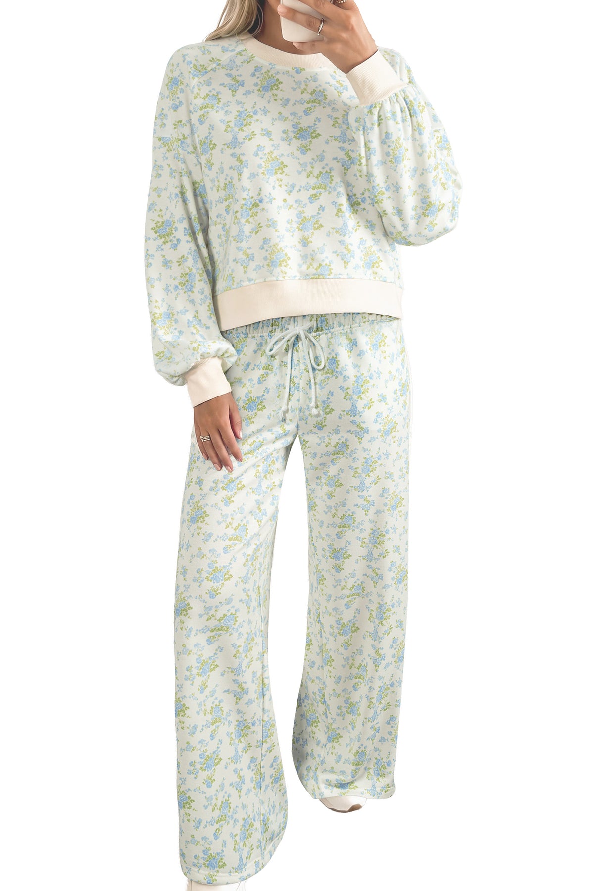 Women's floral two-piece lounge set with puff sleeve top and wide-leg drawstring pants