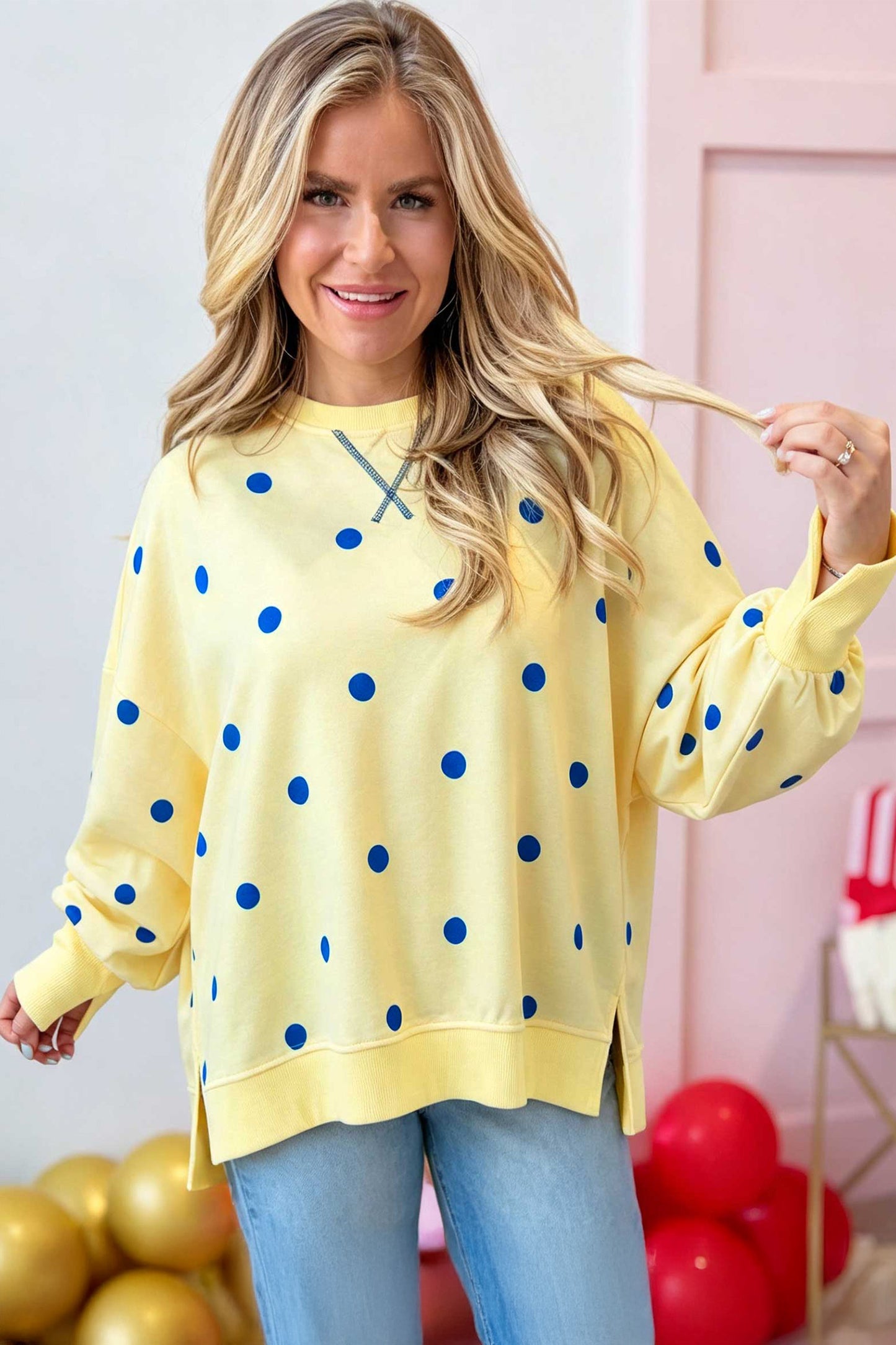 Beige Polka Dot Loose Long Sleeve Split Hem Pullover Top