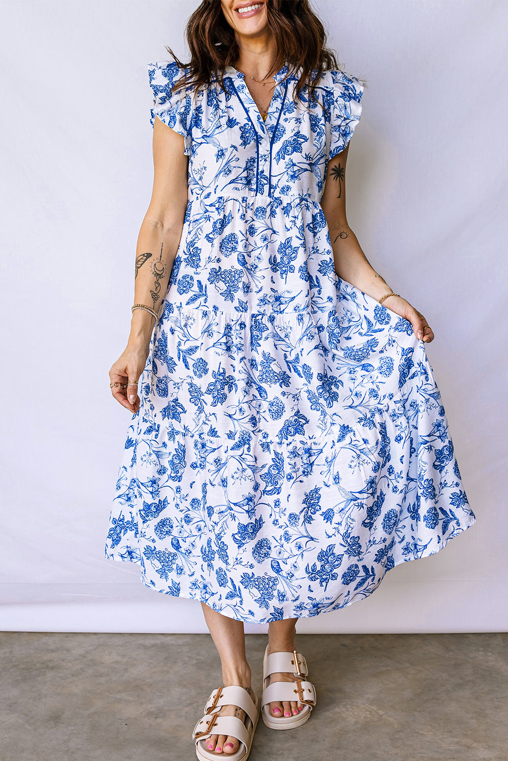 Blue Tiered Floral Midi Dress