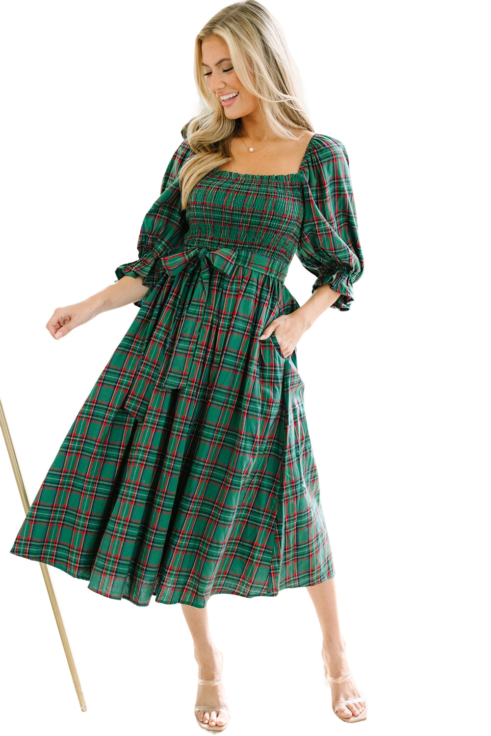 Christmas Plaid Flared Midi Dress