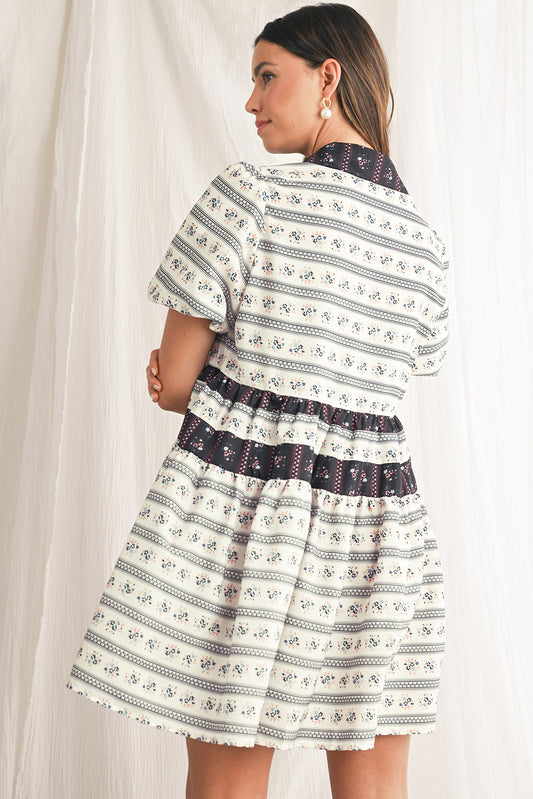 Black Floral Striped Bubble Sleeve Dress