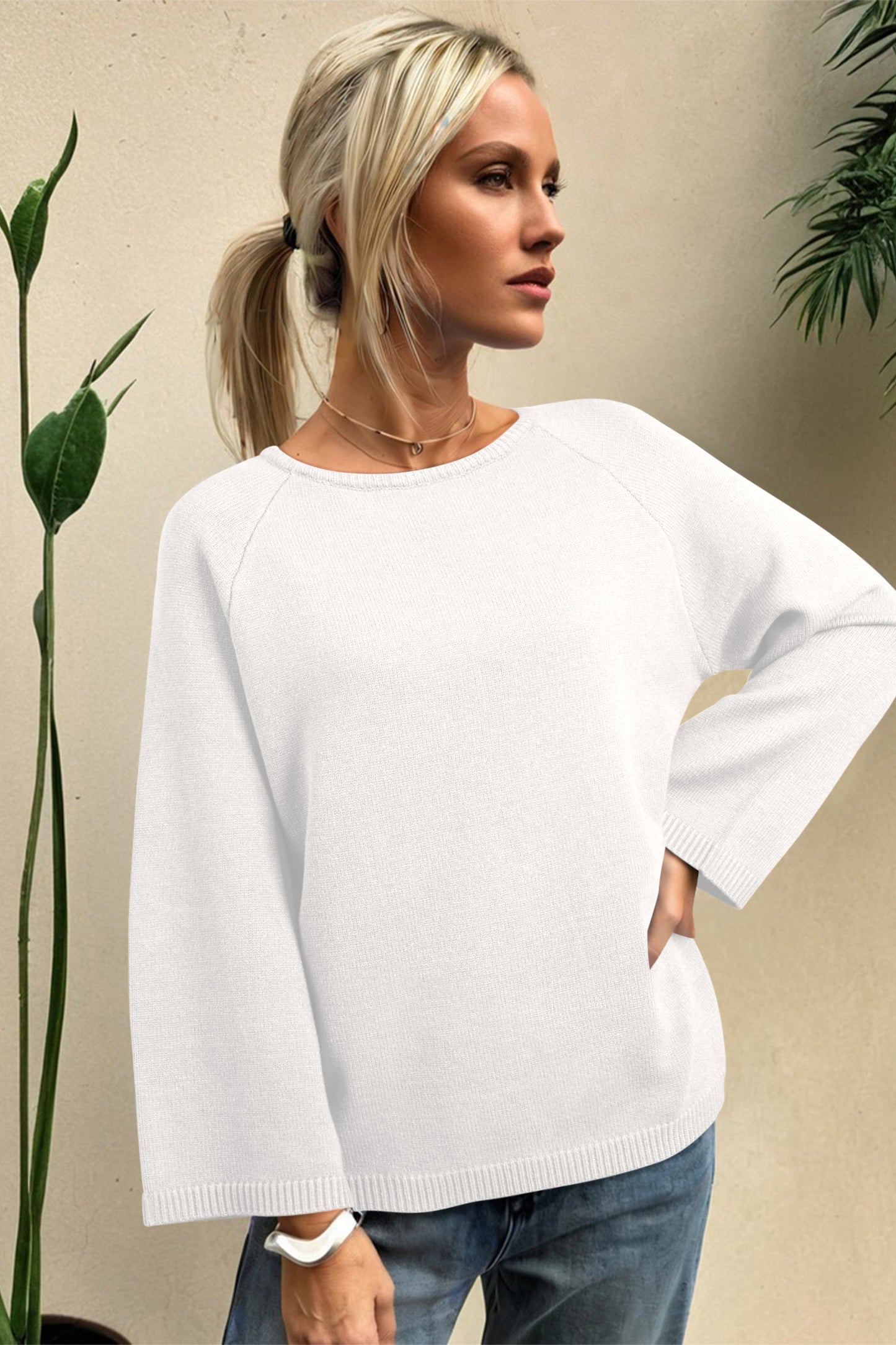 Solid Bracelet Sleeve Dolman Sweater
