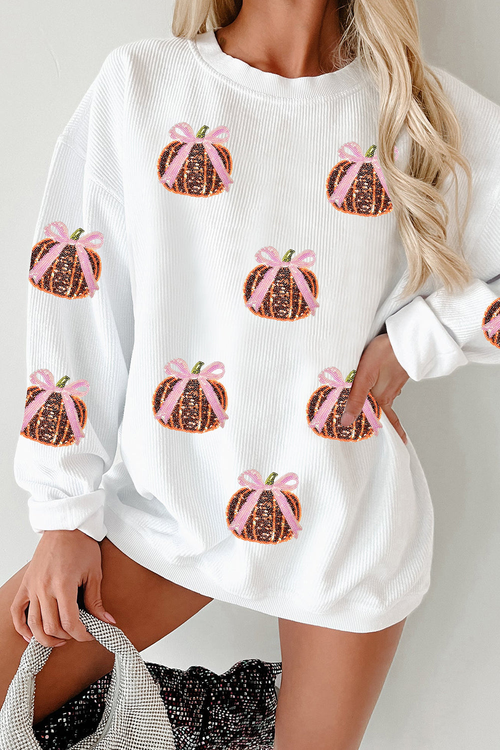 Ribbed Sequin Pumpkin with Bow Sweatshirt