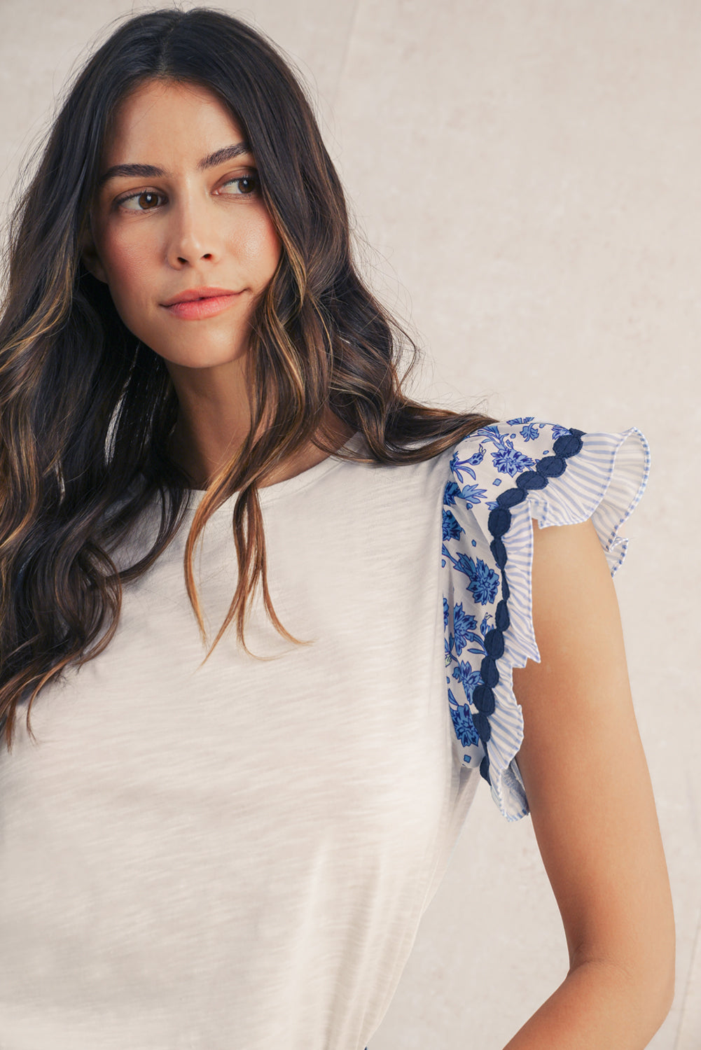 Blue Floral Flutter Sleeve Top