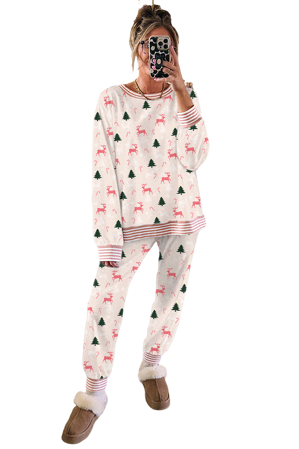 Pink Christmas Tree and Reindeer Pajama Set
