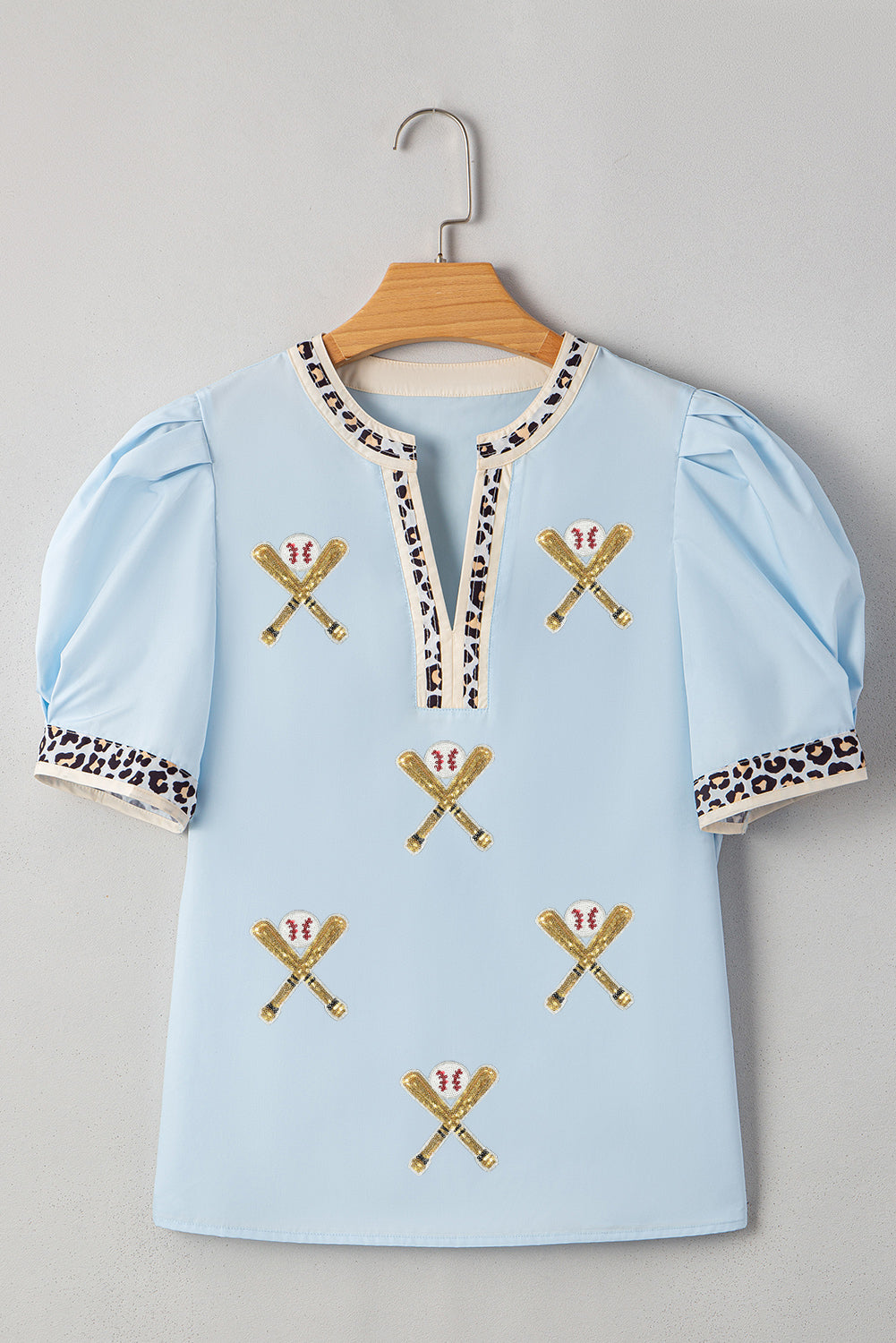 Blue Sequin Baseball Blouse with Leopard Trim