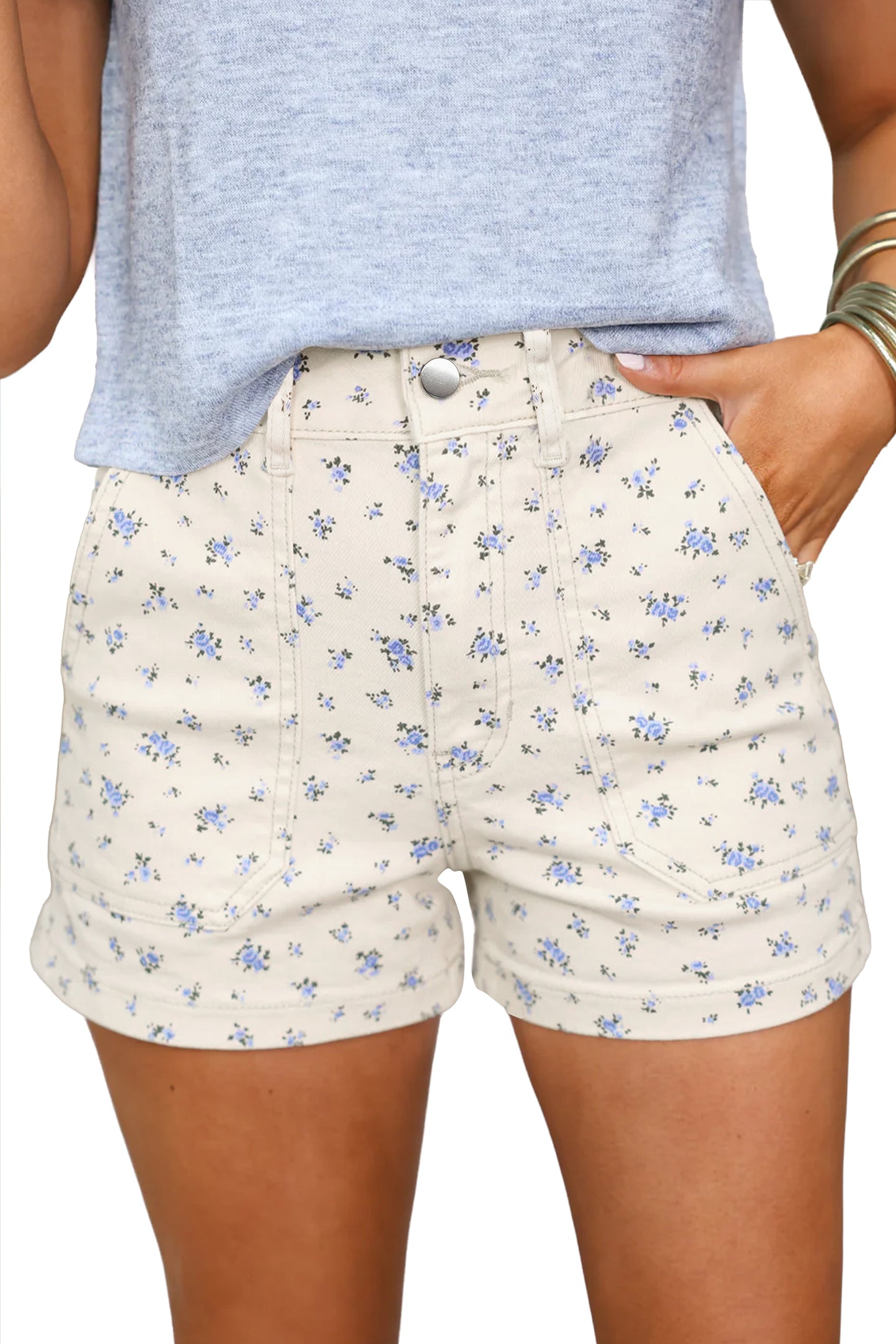 White Floral Denim Shorts