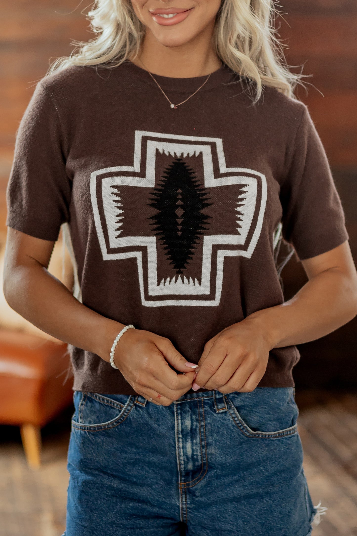 Brown Western Short Sleeve Sweater