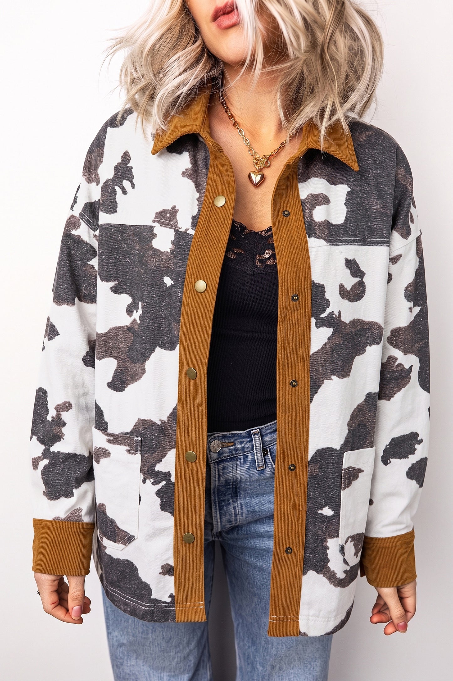 Cow Print Button-Up Denim Jacket