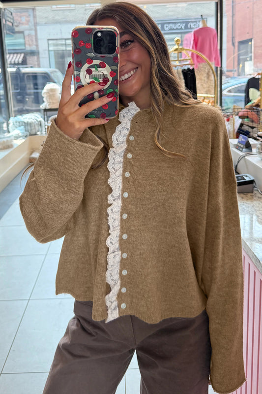 Taupe Lace Trim Cardigan