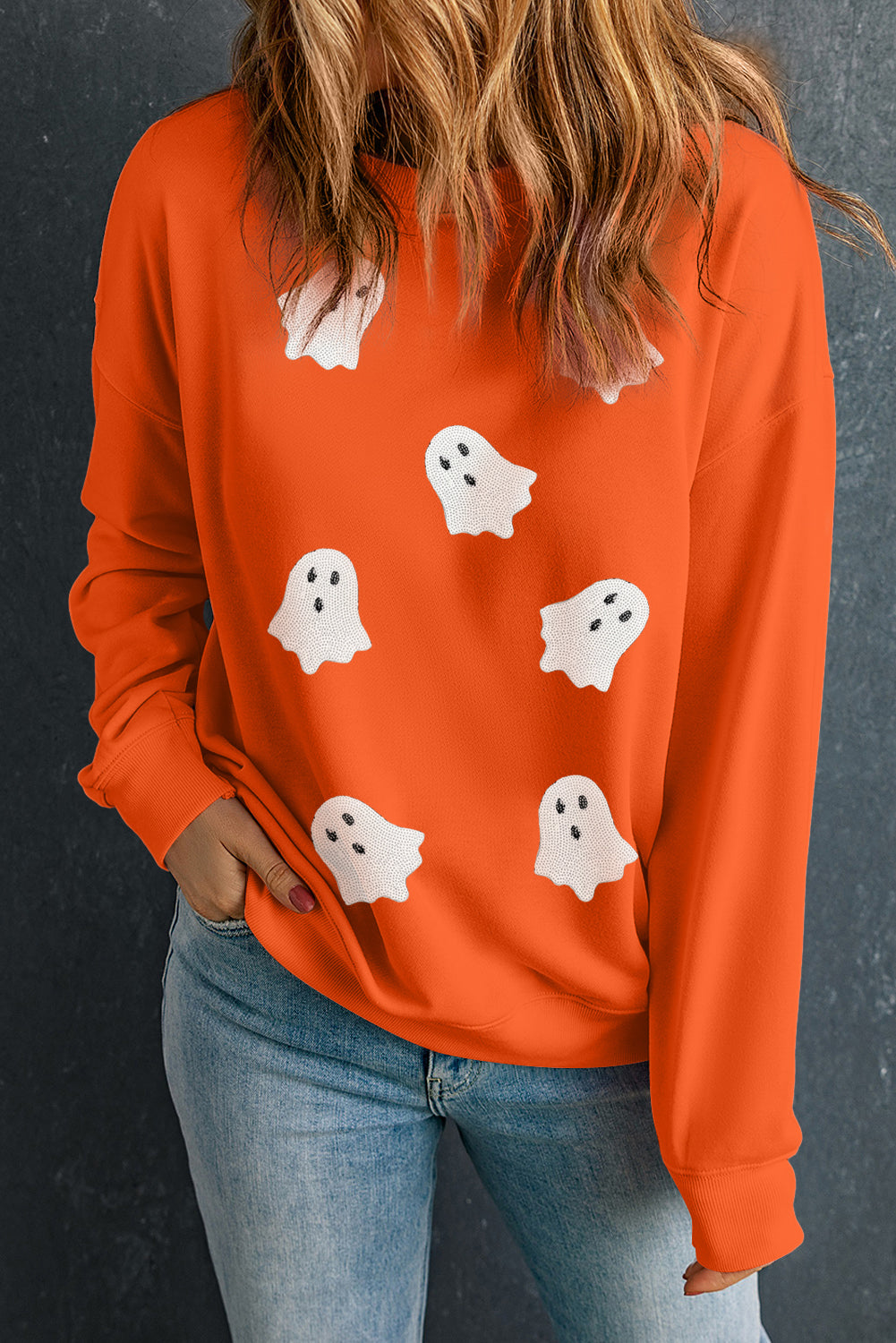 Orange Sequin Halloween Ghost Sweatshirt
