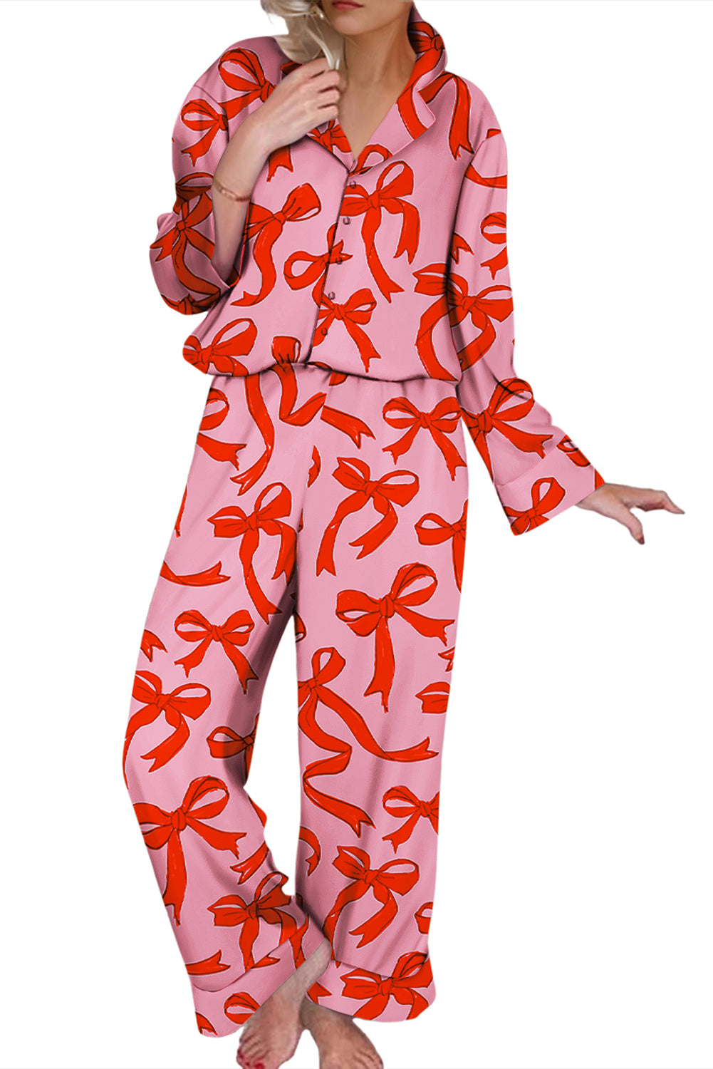 Bow Print Loose Pants Pajama Set