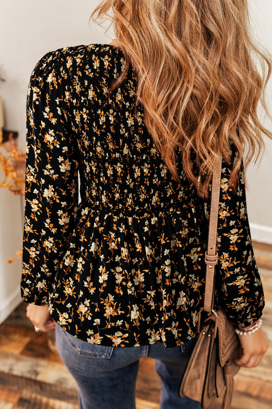 Black Floral Smocked Top