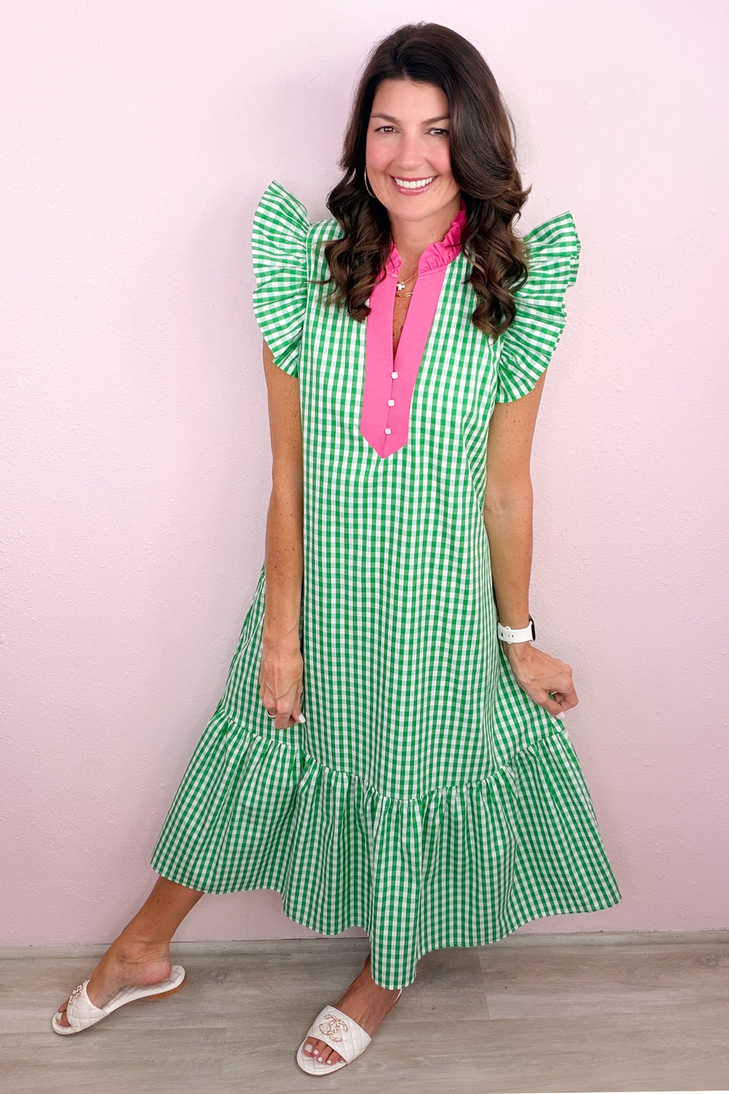 Green Gingham Midi Dress