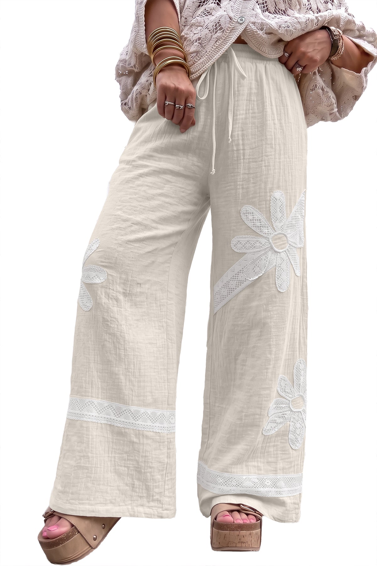 Floral Lace Patchwork Boho Wide Leg Pants