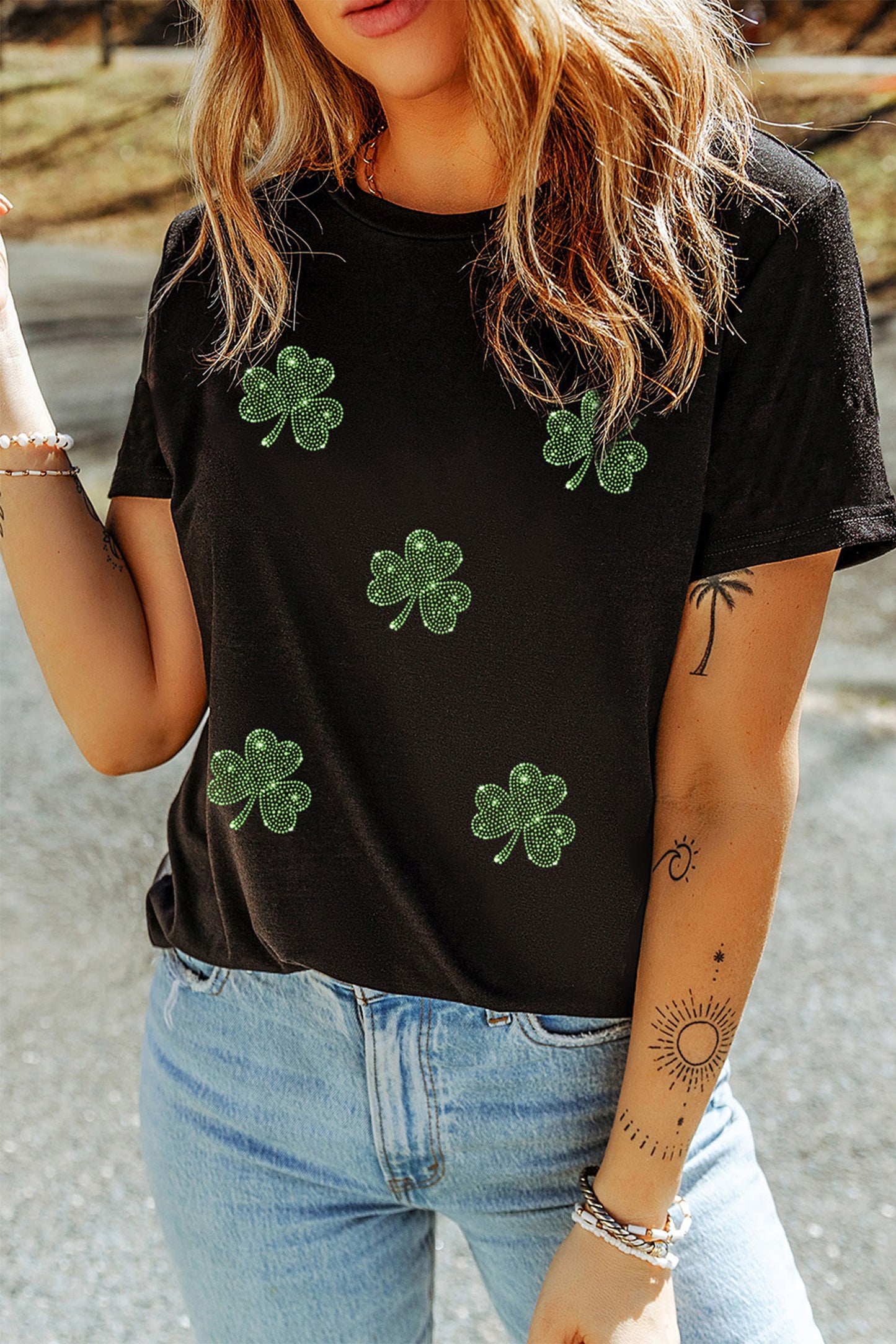 Black St Patrick's Day Rhinestone Shamrock Tee
