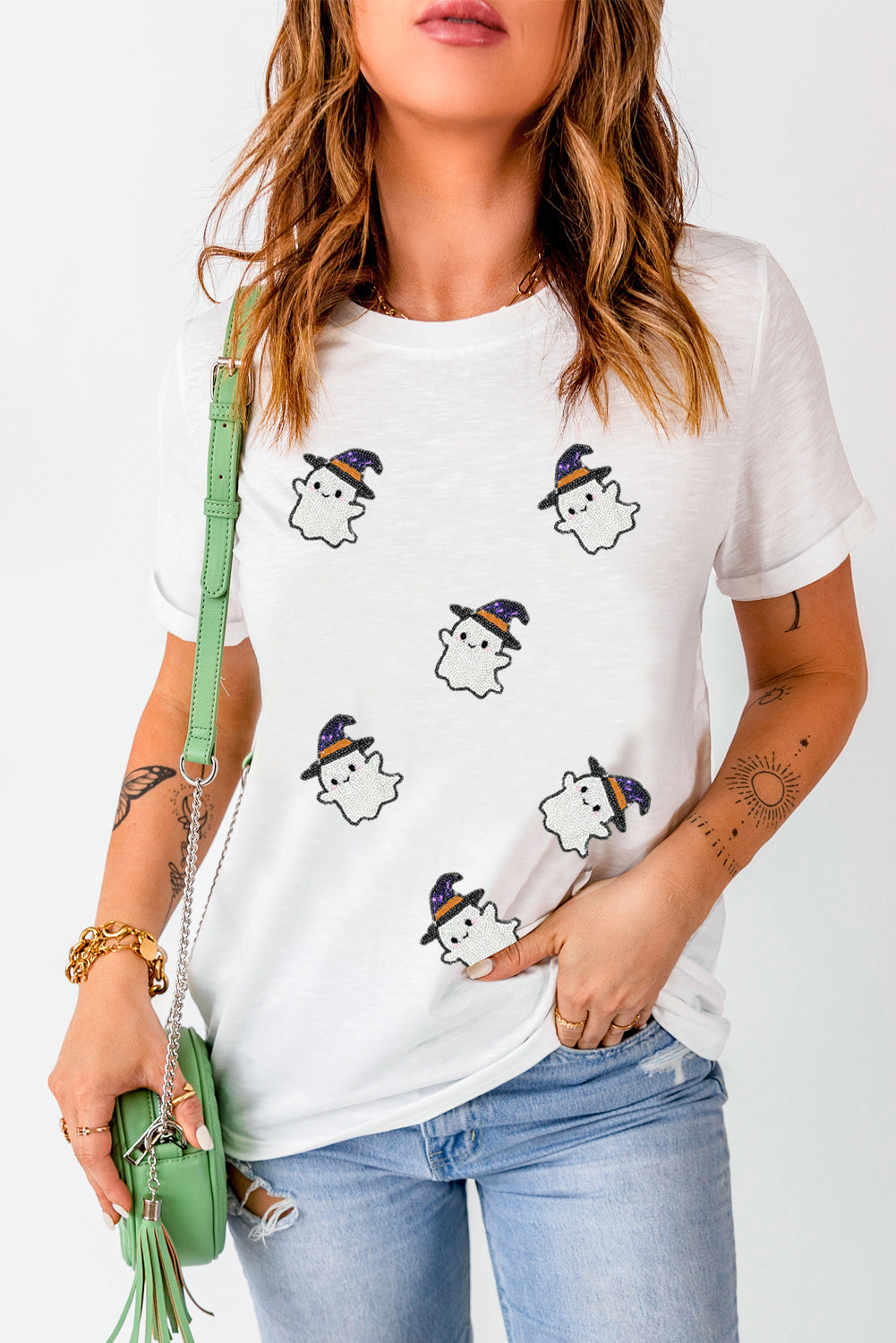 Halloween Ghost Witch Sequin T Shirt