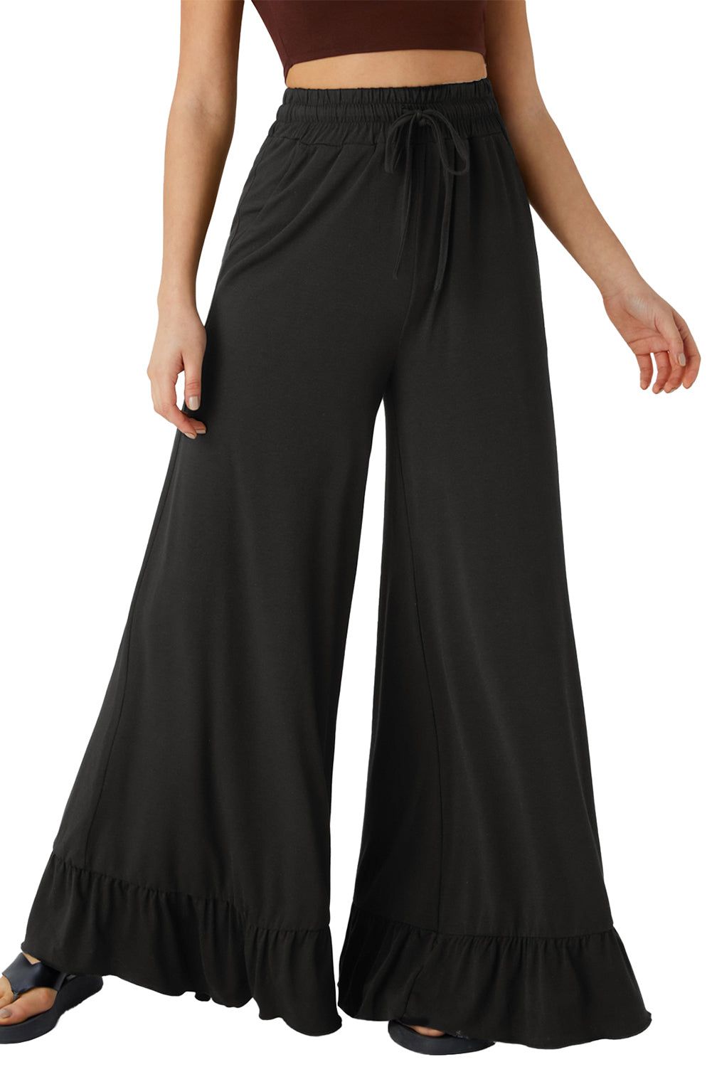 Black Ruffle Hem Wide Leg Pants